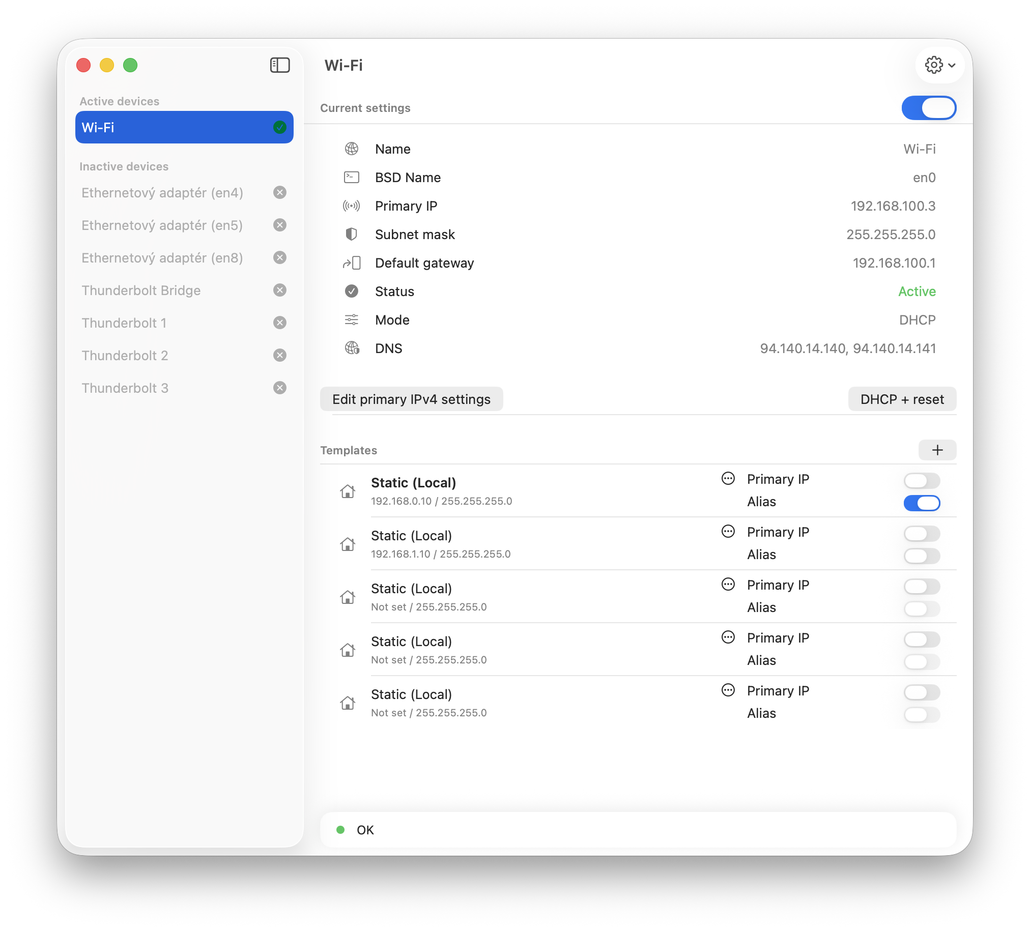 IPChange interface showing Wi-Fi settings, primary IPv4 controls, saved templates and alias toggles.